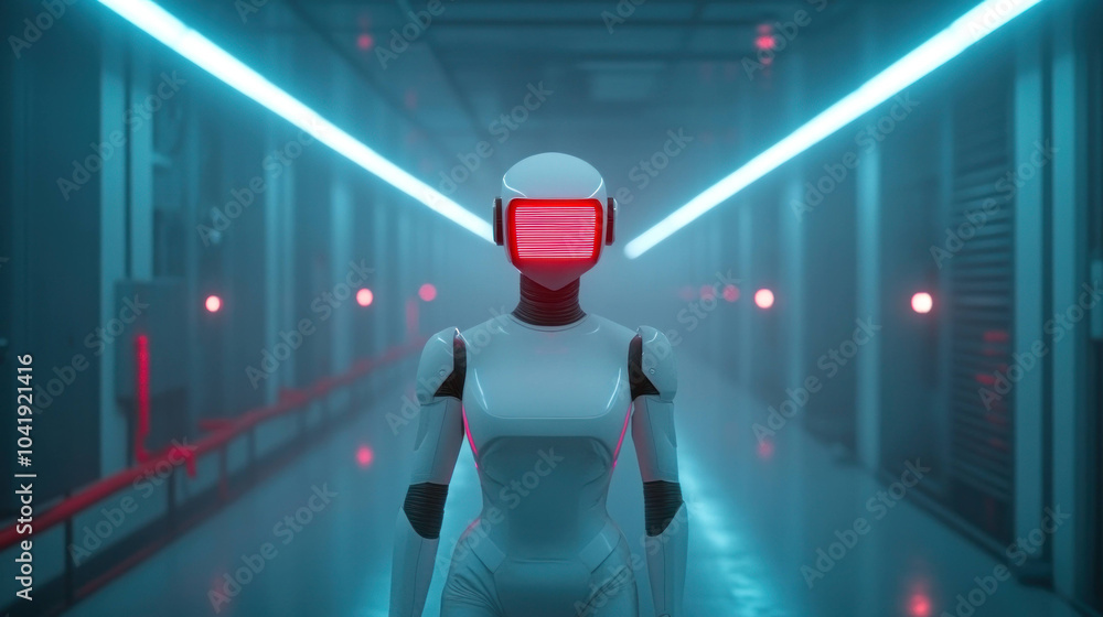 Poster futuristic AI robot stands in high tech corridor, illuminated by glowing blue lights. sleek design and vibrant red visor create striking visual