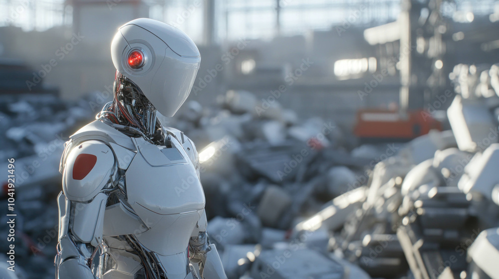 Poster futuristic ai robot stands amidst towering piles of discarded materials, showcasing advanced technol