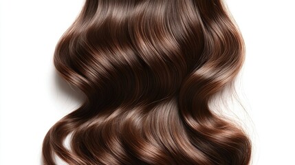 Fototapeta premium Loose lock of wavy brunette hair, isolated on a white background. The hair has a natural texture with a soft wave and a subtle sheen. --chaos