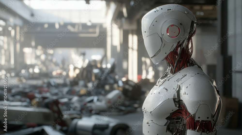 Poster futuristic ai robot stands in cluttered industrial space, surveying remnants of technology. its slee
