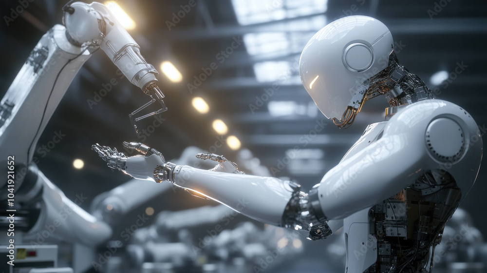 Aufkleber futuristic AI robot performs maintenance tasks in high tech industrial setting, showcasing advanced technology and automation. scene highlights intricate design and functionality of robotic arms