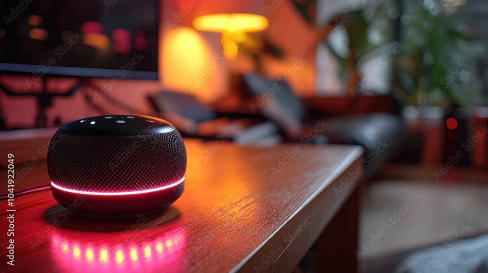 Poster A smart speaker responding to voice commands in a busy household, showcasing its utility in daily routines and tasks.