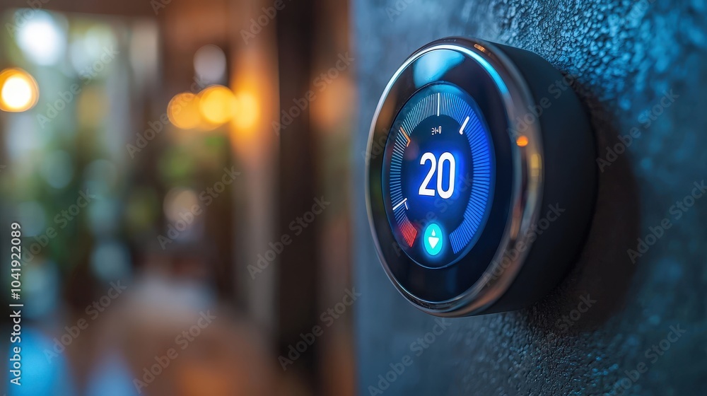 Poster a smart thermostat with voice control capabilities, showing a person adjusting the temperature throu