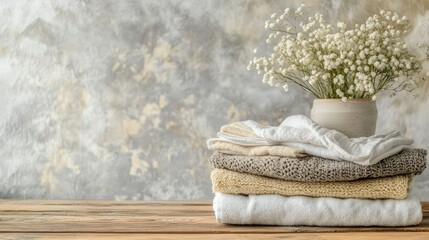 Neatly folded clothes stacked in a pile on a wooden surface, with fresh towels and soft fabrics showing a clean and tidy laundry experience. --chaos