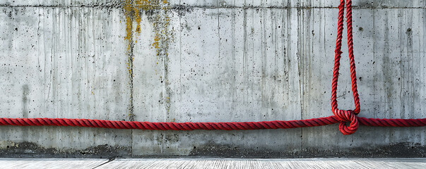  A striking image of a thick red rope tied securely against a weathered concrete wall.