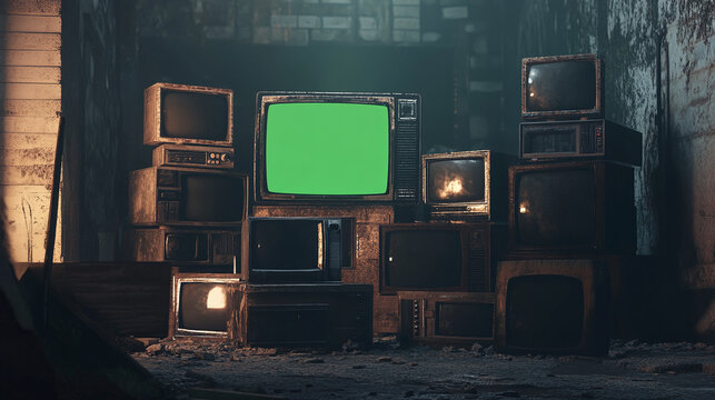 artistic 3d rendered composition old classic television with green screen in the center surrounded with turned off stack of monitors ruined empty room dynamic composition cinematic lighting chroma key