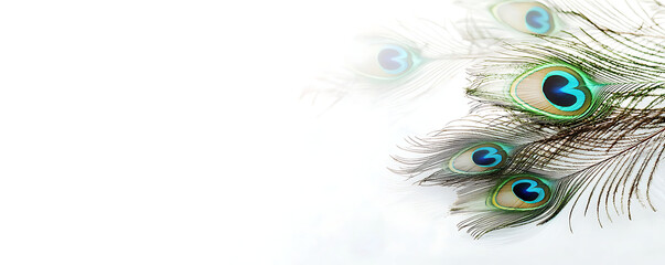 Fototapeta premium A beautiful display of peacock feathers arranged delicately on a white backdrop. The vibrant colors of green, blue, and gold contrast elegantly against the minimal background