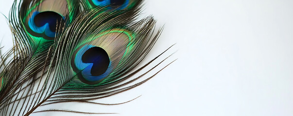Obraz premium A beautiful display of peacock feathers arranged delicately on a white backdrop. The vibrant colors of green, blue, and gold contrast elegantly against the minimal background