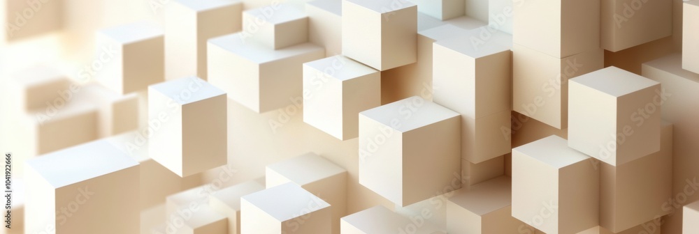 Poster Cubes of varying sizes and shades are arranged and connected with diagonal lines on a soft, light background, creating a modern visual effect. Generative AI