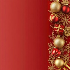 Elegant Red and Gold Christmas Border Background Design. golden Christmas decorations, gifts, and snowflakes on the right side of a red box rectangle banner for advertising or promotion design