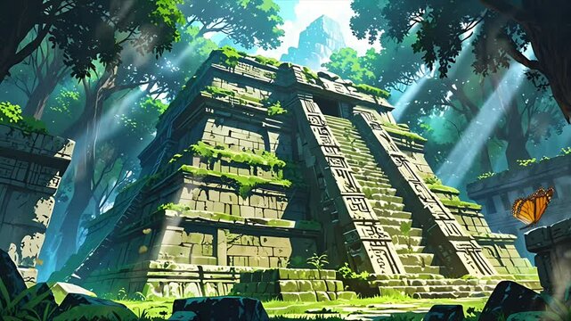 A Wayan temple in the middle of a mossy and abandoned forest. Seamless 4K looping timelapse video animation background