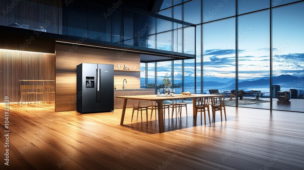 Poster a stylish dining area featuring smart appliances that make entertaining easier, demonstrating the bl