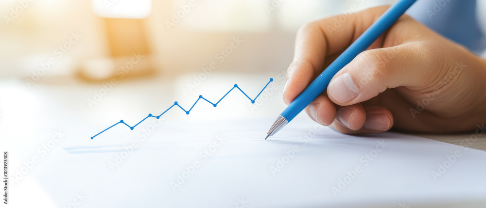 Poster hand illustrating a line graph on a table, representing active participation in tracking business gr