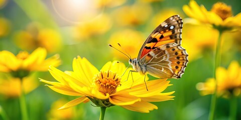 Obraz premium Close-up of butterfly on yellow coreopsis flower in summer garden