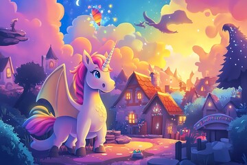 Magical Unicorn and Dragon Host Rainbow Village Festival - Cartoon Illustration