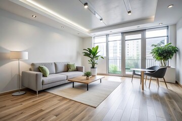 Refined minimalist living room with a sophisticated and low angle view