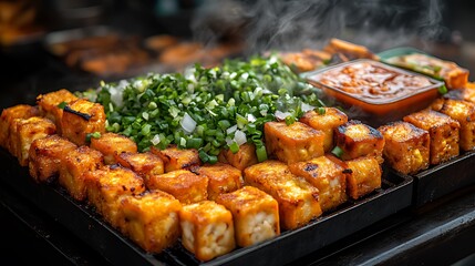 Close up of a street food vendor's stall selling grilled tofu with onions and sauce.
