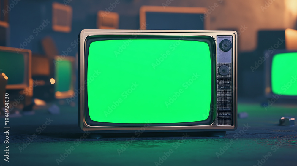 Aufkleber one artistic 3d minimal style green screen old television with stacks of random old classic turned o