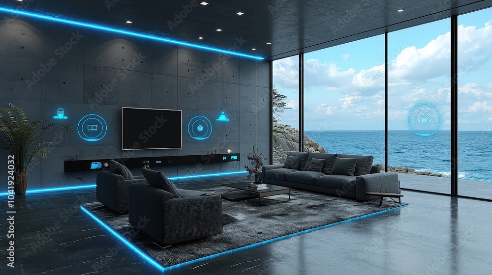 Poster a stylish living room equipped with smart sensors that automatically adjust lighting and temperature