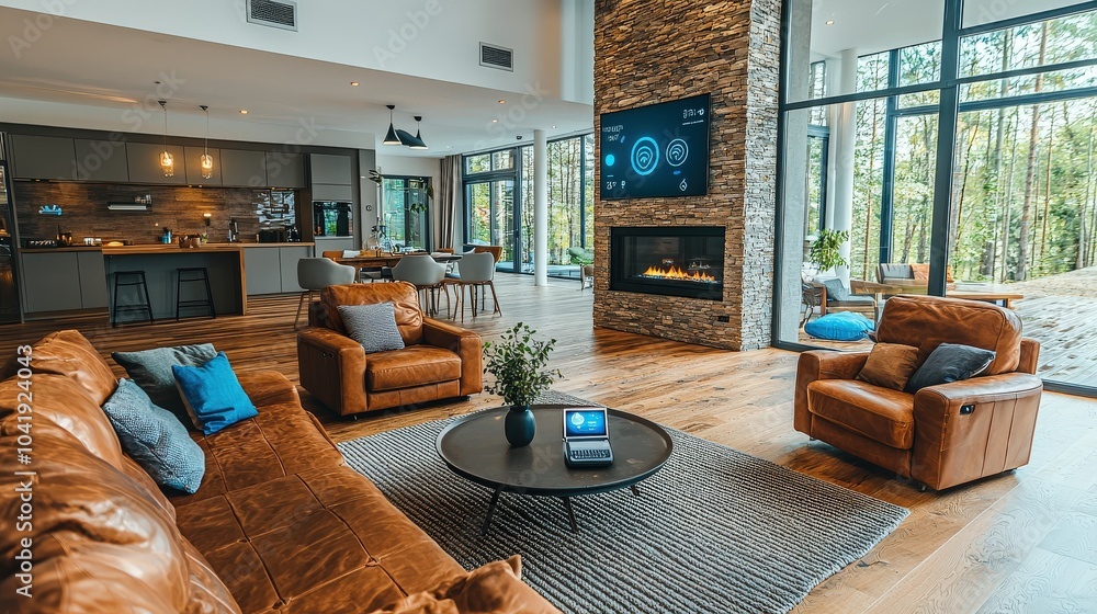 Poster a stylish living room equipped with smart sensors that automatically adjust lighting and temperature