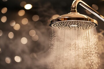 Close-up of a chrome shower head with water droplets, warm lighting - concept of bathroom luxury and relaxation