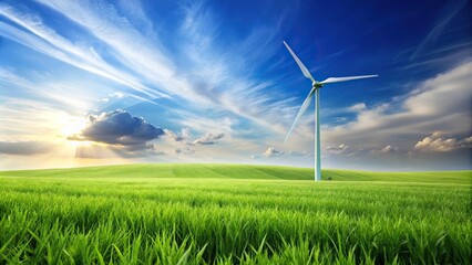 Depth of Field grassy field with green energy windmill in background