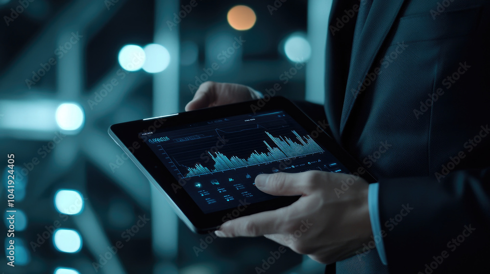 Poster businessman in a suit, analyzing data on a tablet, focused on a graph representing key performance m