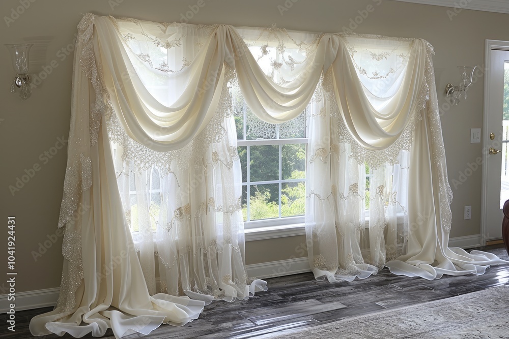 Poster white lace curtains draped over window with view of trees