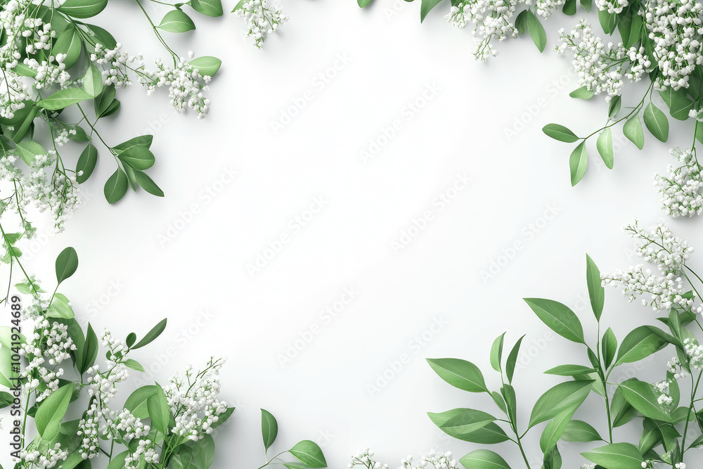 Poster rectangular frame adorned with lilies of the valley and eucalyptus, featuring a blank space for pers