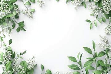 Rectangular frame adorned with lilies of the valley and eucalyptus, featuring a blank space for personalized text, 3D illustration on white background