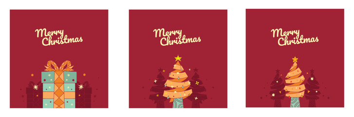 Merry Christmas greetings banner with yellow christmas tree and christmas tree silhouette on dark red colour background