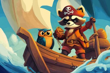 Cartoon Pirate Raccoon and Treasure Hunting Owl Embark on an Exciting Voyage Adventure