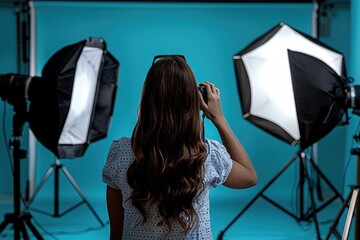 Woman Holding a Camera in a Photo Studio with Lighting Equipment