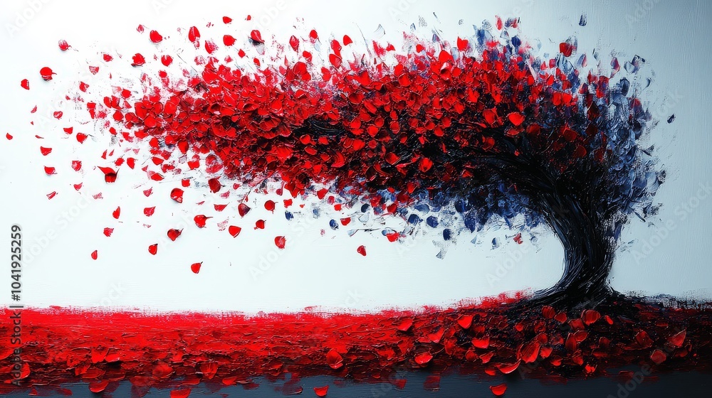 Poster acrylic painting close-up featuring expressive tree branches adorned with red and blue blossoms, emp