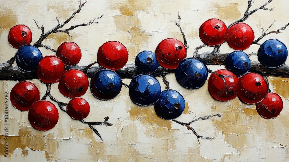 Poster acrylic painting close-up featuring expressive tree branches adorned with red and blue blossoms, emp