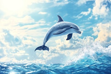 Fototapeta premium Playful Dolphin Jumping Out of Water with Splash - Cartoon Style Illustration