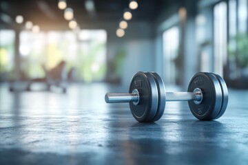 Dumbbell resting on the gym floor with blurred workout equipment in the background during daylight