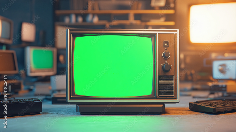 Poster one artistic 3d minimal style green screen old television with stacks of random old classic turned o