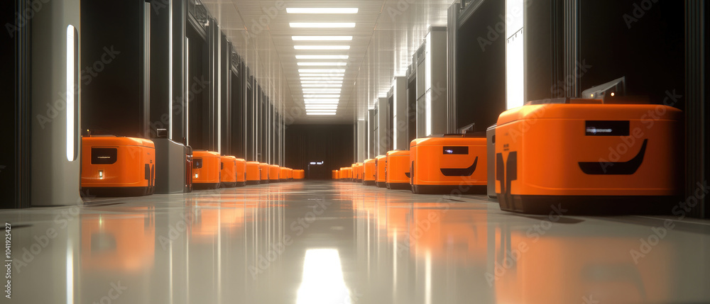 Aufkleber warehouse scene featuring vibrant orange robots operating efficiently on the floor, showcasing autom