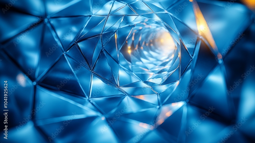 Poster This artwork features a mesmerizing blue geometric pattern that spirals inward, showcasing intricate triangular shapes and glowing highlights that enhance the depth and complexity.