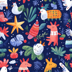 Colorful animals and plants create vibrant pattern on dark background, evoking playful and festive atmosphere. This design features whimsical creatures and foliage, perfect for holiday themes