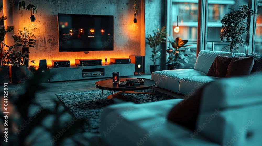 Poster An aesthetically pleasing setup of home networking devices in a stylish interior, emphasizing technology and design.
