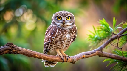 Daytime sentinel owl resting on a branch forced perspective
