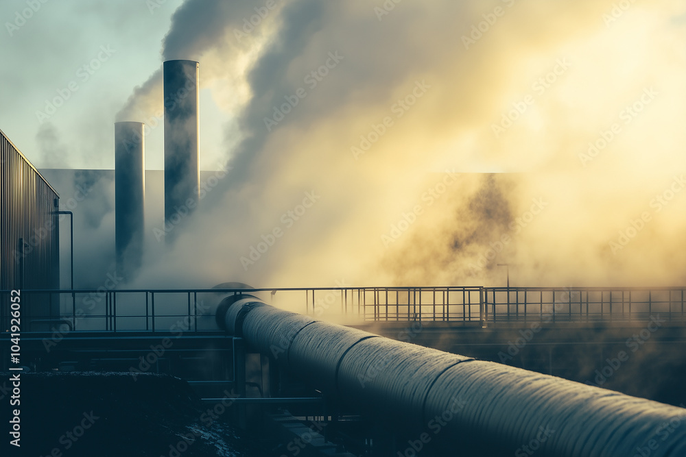 Poster geothermal plant with advanced technology for efficient energy extraction. a large factory with smok