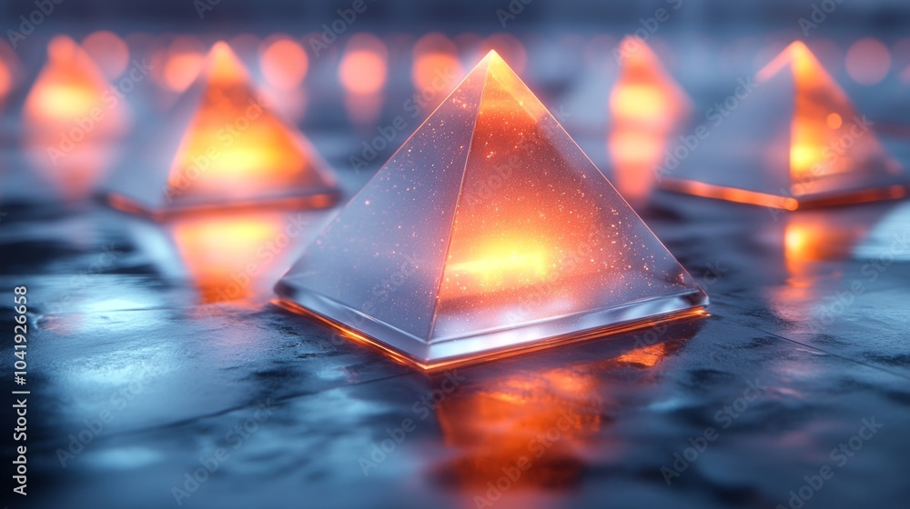 Aufkleber in a dimly lit setting, several translucent pyramids emit a warm glow, reflecting lights and creatin