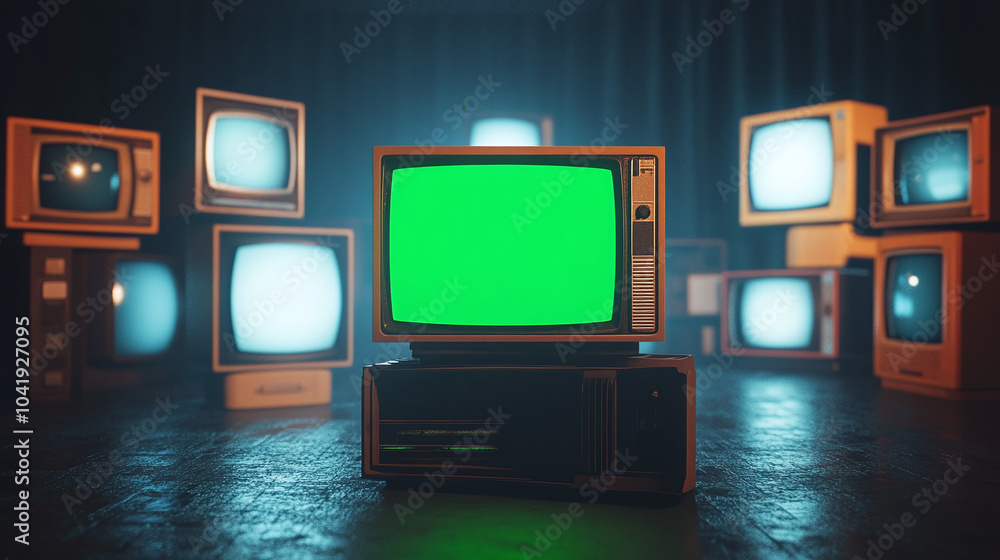 Poster one artistic 3d minimal style green screen old television with stacks of random old classic turned o