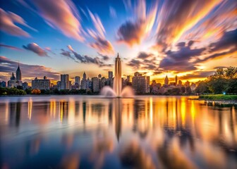 Obraz premium Long Exposure of Central Park Reservoir and Fountain with Upper East Side Skyline in New York City