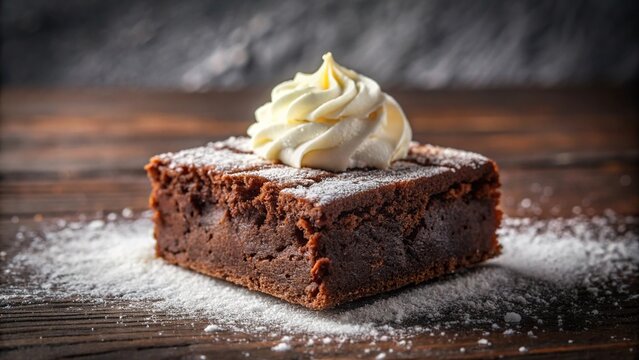 Decadent chocolate brownie with whipped cream and powdered sugar on a plate