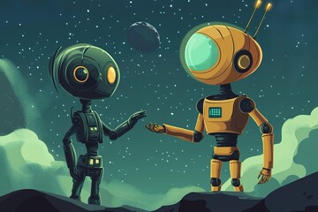 Naklejka premium Robot and Alien Sharing Intergalactic Travel Stories: A Cartoon Adventure