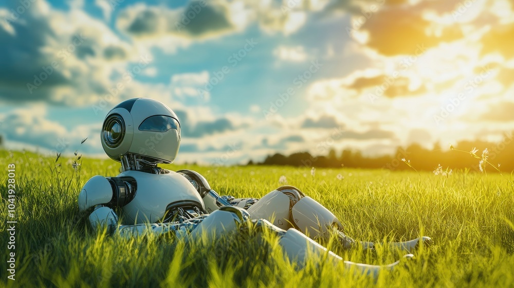Poster a 3d robot resting in a green meadow under a bright sky, representing a balance between nature and t